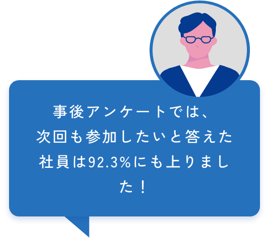 事後アンケートでは、
次回も参加したいと答えた社員は92.3%にも上りました！